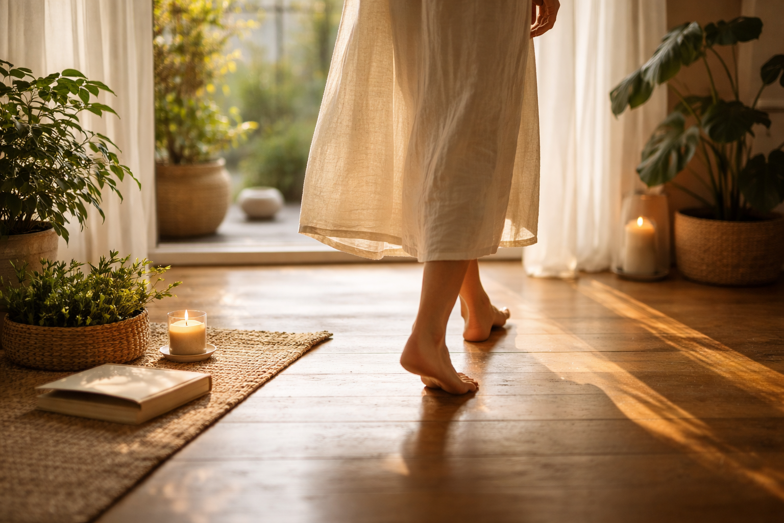 Woman walking barefoot in warm light representing ayurveda and functional medicine as a mind-body approach to holistic health
