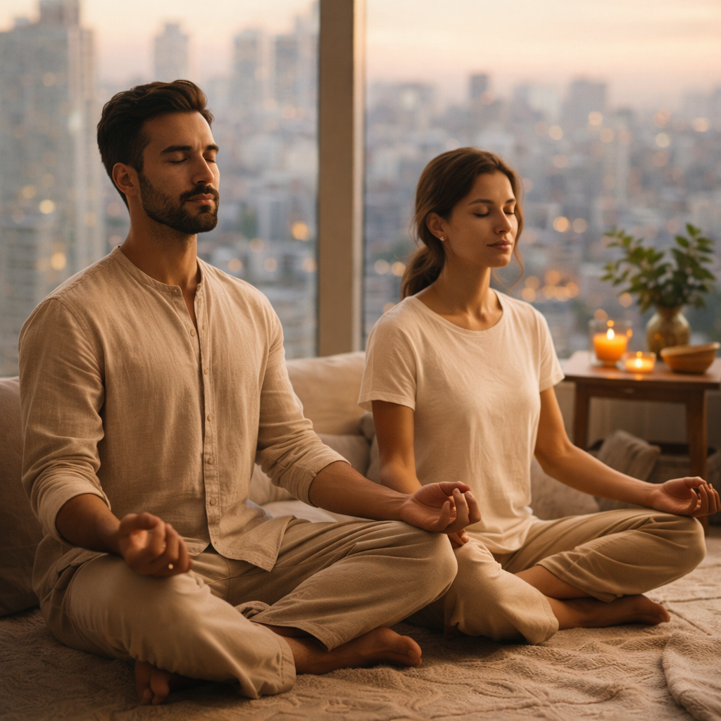Man and woman meditating in a modern apartment, representing balance and wellness in Ayurveda in the modern world