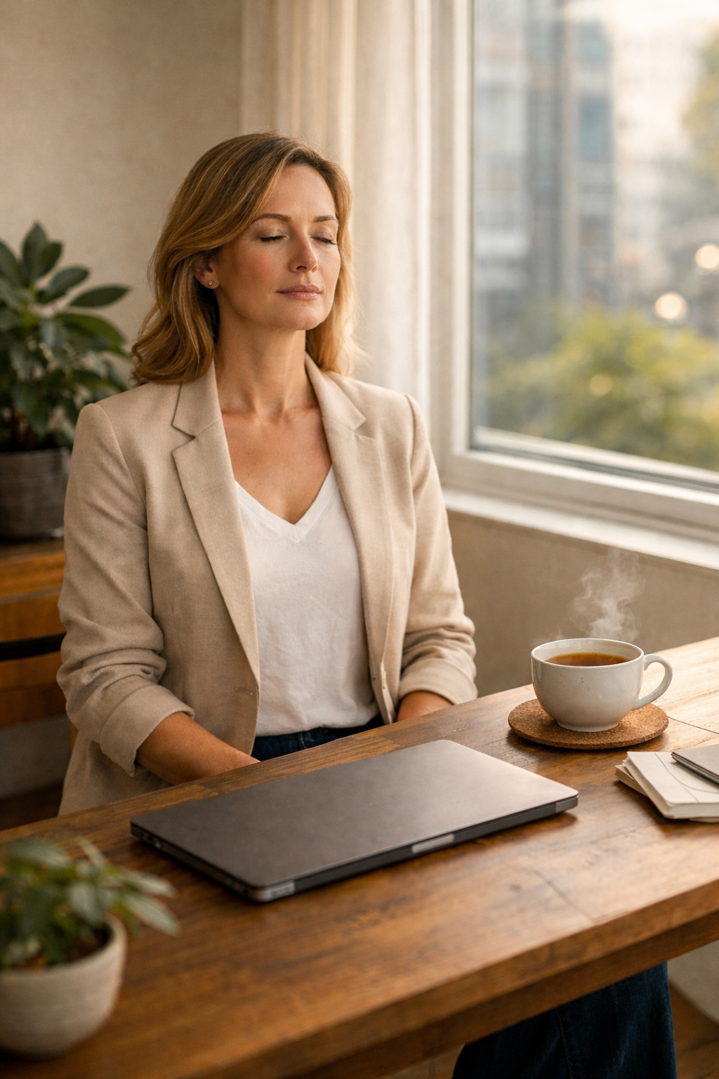 Professional woman practicing mindful breathing at her desk with herbal tea and laptop, illustrating Ayurveda for mental clarity in a busy professional life.