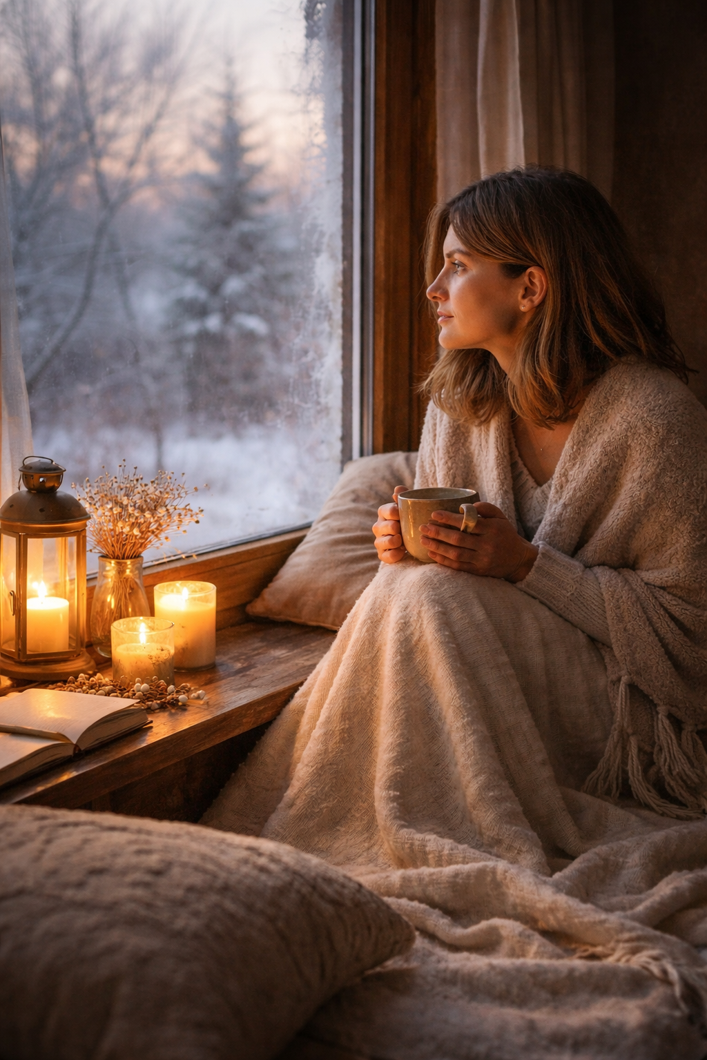 Seasonal depression and Ayurveda represented by a woman sitting by a window in winter, holding a warm cup in a calm and reflective home setting.