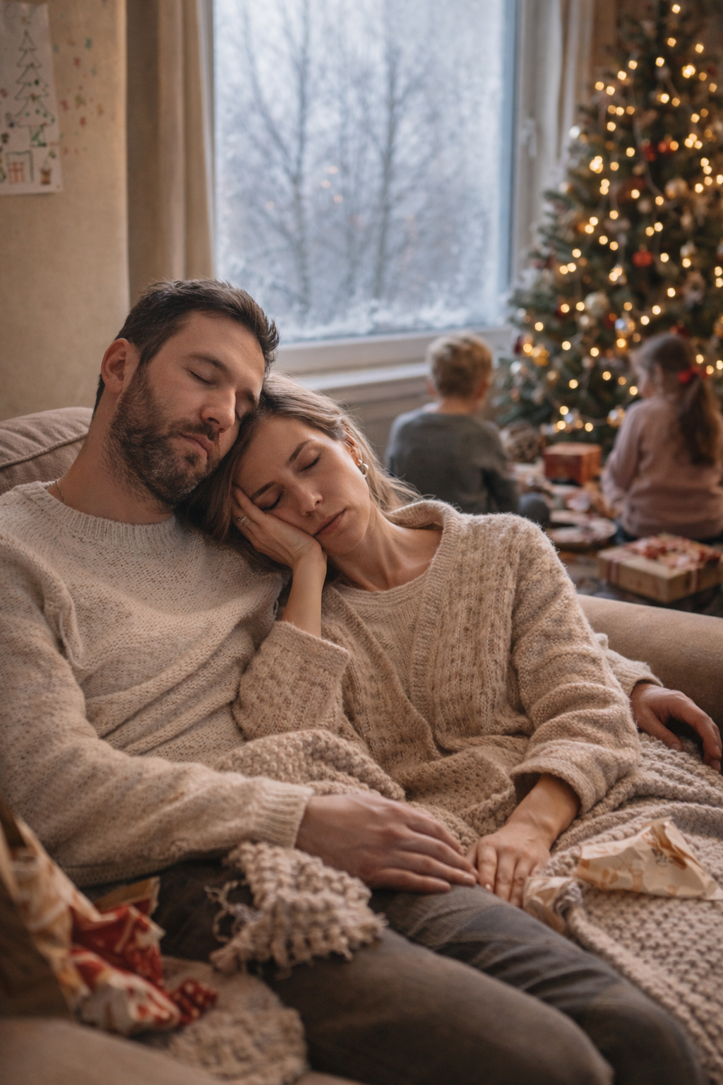Couple resting on a sofa after family gatherings during winter, illustrating fatigue and emotional depletion that explain why Vata increases in winter according to Ayurveda.